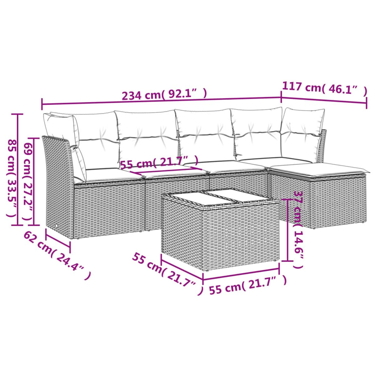 Un set di divani da esterno in vimini con dimensioni. Include un divano, un tavolo e un pouf.