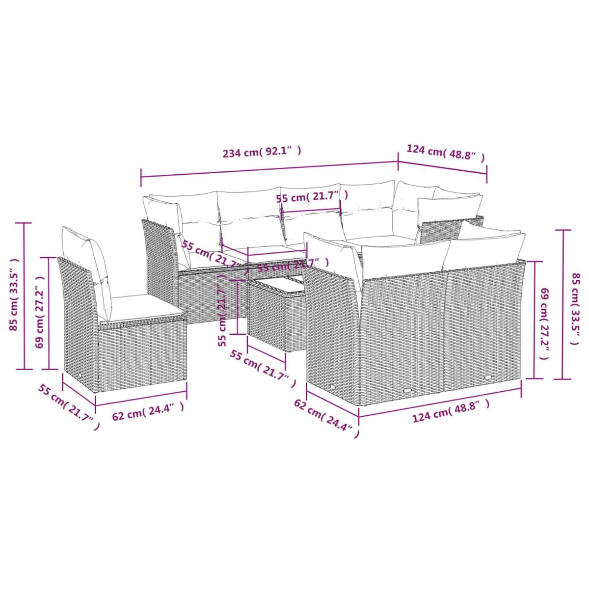 Rattan-Gartenmöbel-Set, einschließlich Sofa, Stühle und Tisch. Abmessungen sind sichtbar.