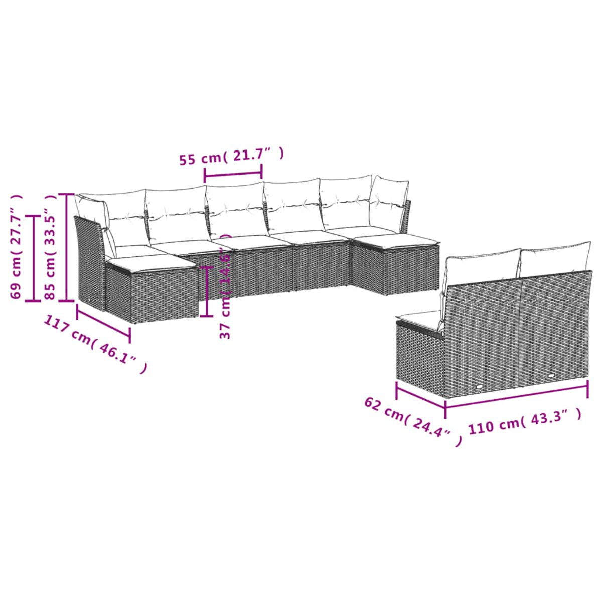 Graues Ecksofa aus Korbgeflecht mit Maßen auf weißem Hintergrund.