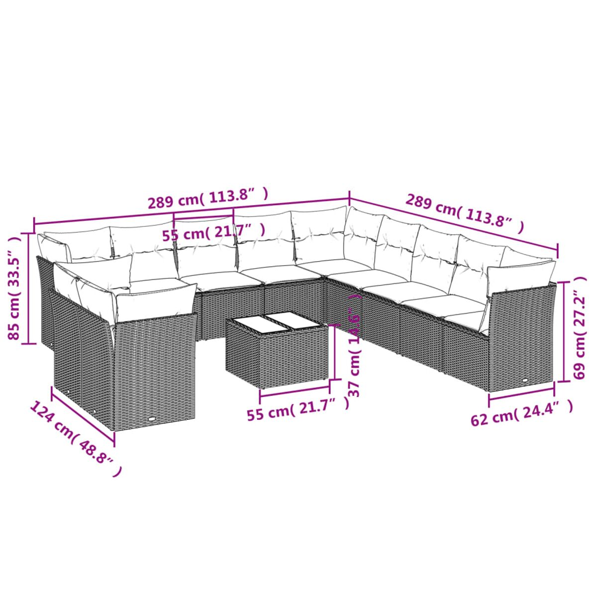 Rattan-Ecksofa mit grauen Kissen, Couchtisch, Abmessungen. Weißer Rahmen.