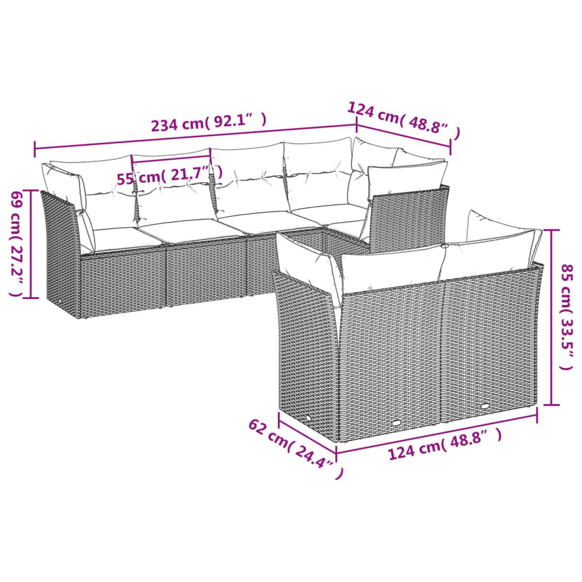 Diagramm eines schwarzen Outdoor-Sofasets aus Korbgeflecht. Maße in Zentimetern und Zoll.