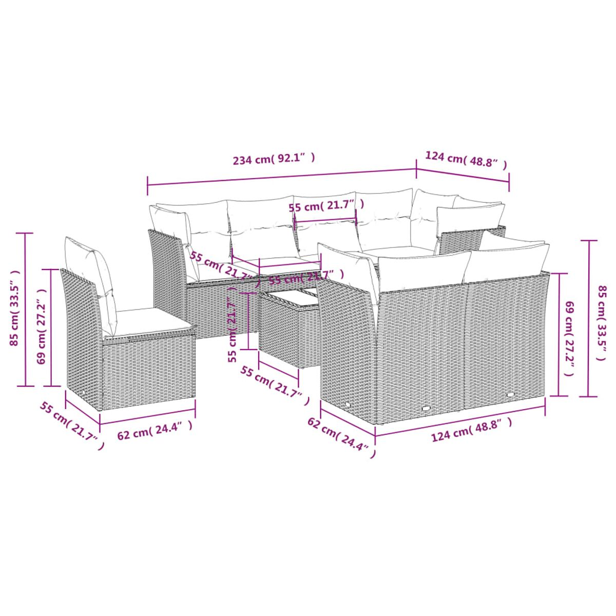 Set di mobili da esterno in vimini grigio con dimensioni in centimetri.