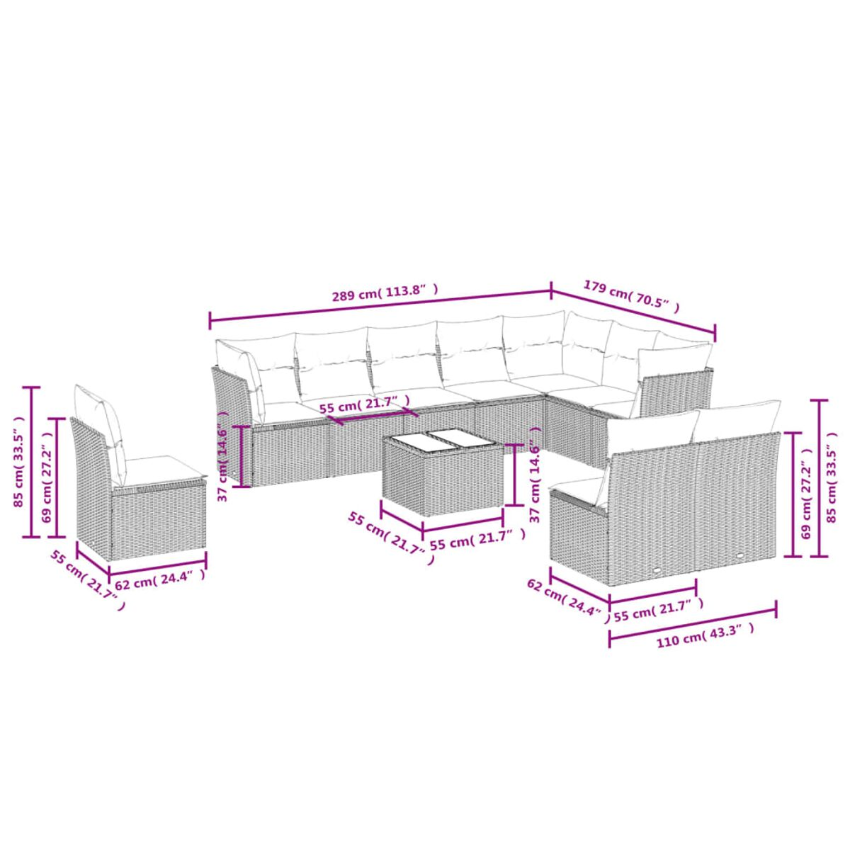 Diagramma di un grande set di divani componibili da esterno con dimensioni in cm e pollici.