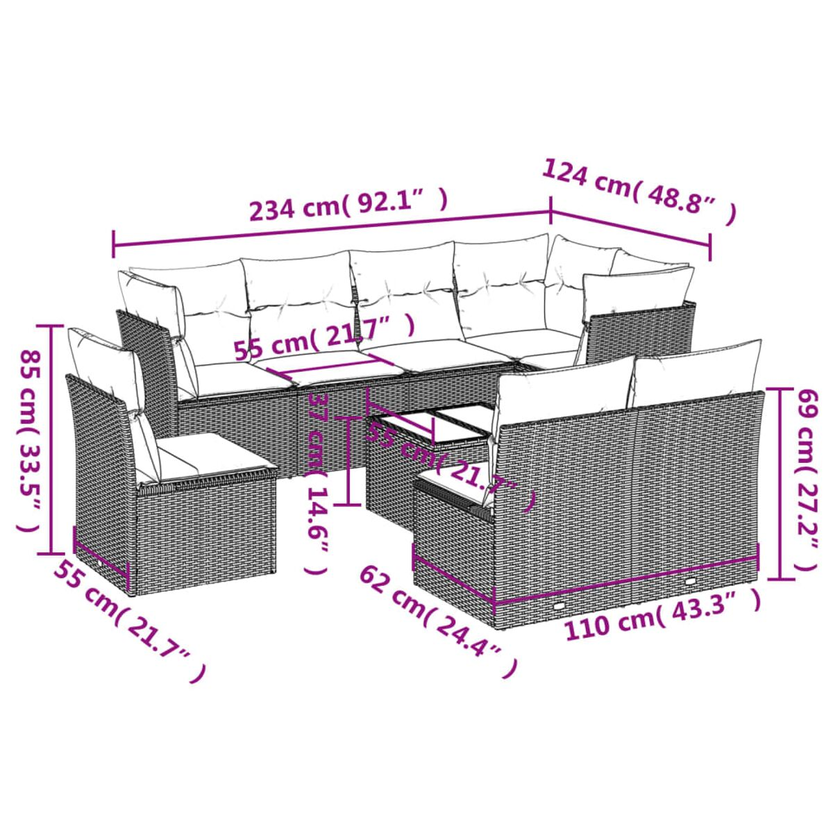 Diagramma che mostra le dimensioni di un divano angolare e sedie da esterno su sfondo bianco.