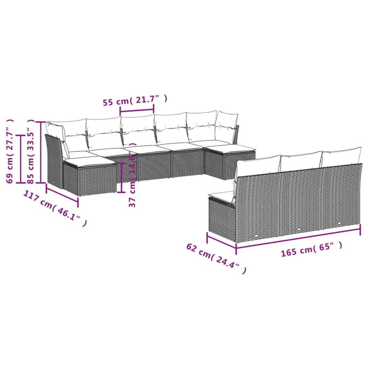 Rattan-Ecksofa mit Maßangaben, mit weißen Kissen auf einer Terrasse.