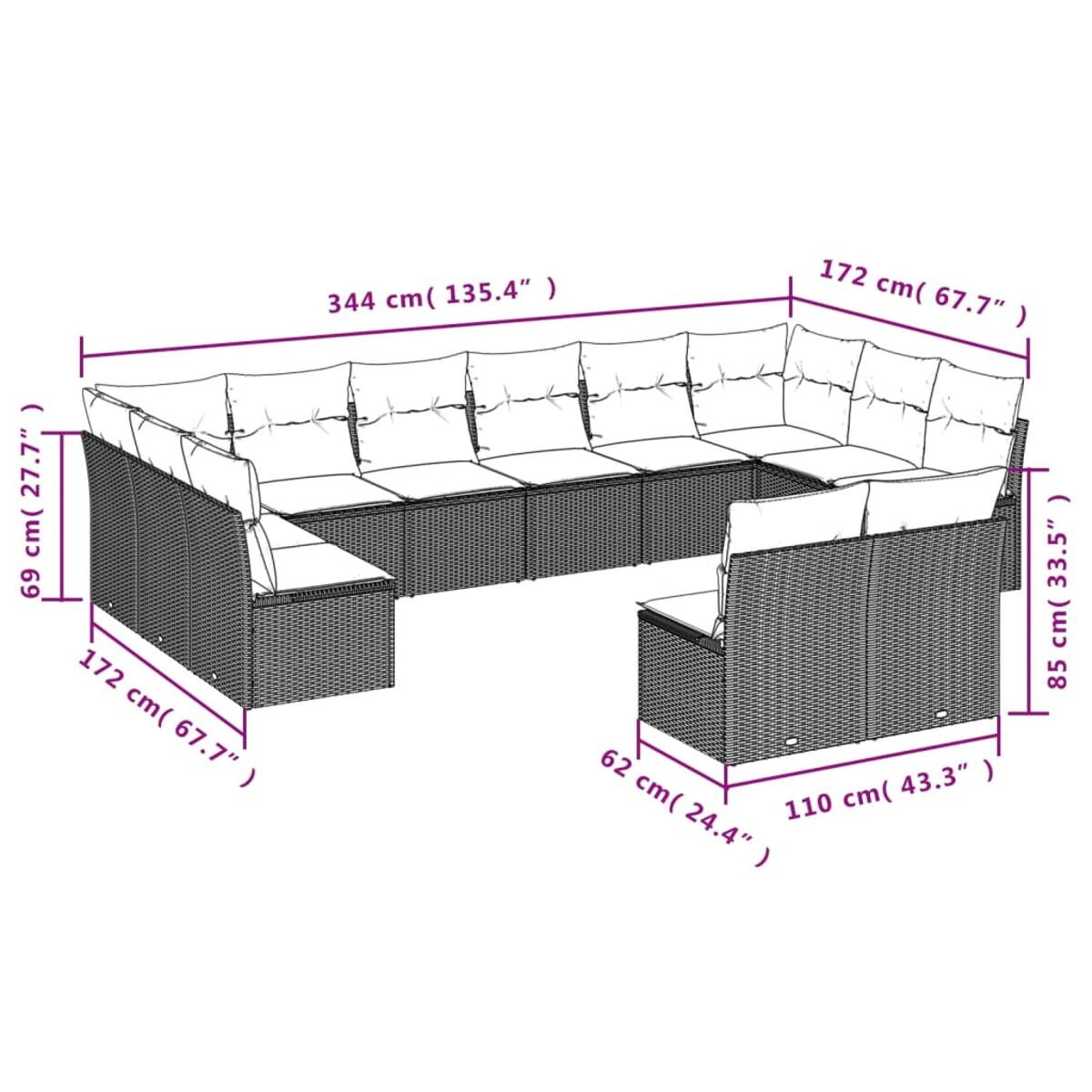 Diagramm eines großen Rattansofa-Sets mit Maßen. Enthält ein Ecksofa, einen Sessel und Messungen.