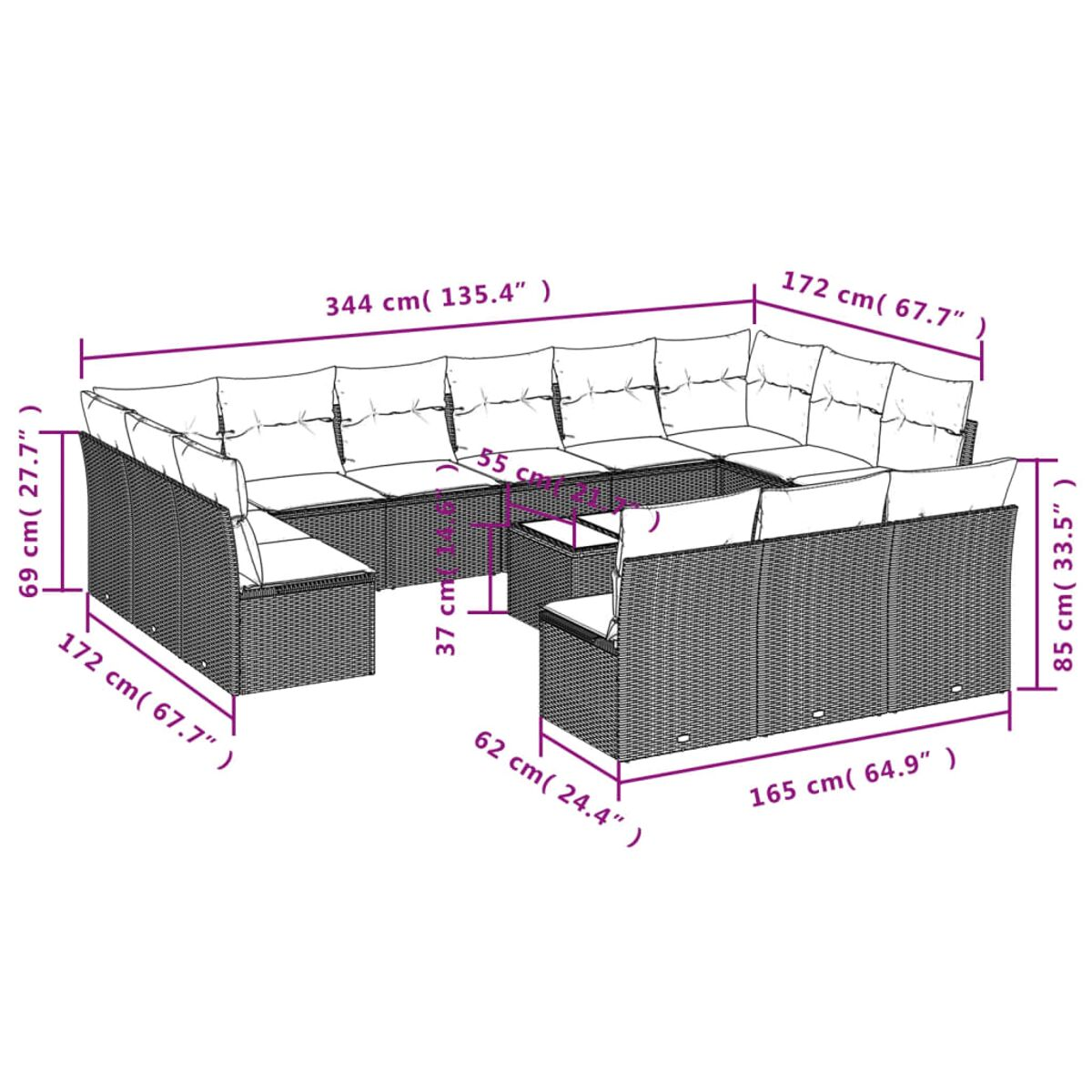 Set divano in rattan a forma di U con cuscini color crema e tavolino. Dimensioni visibili.