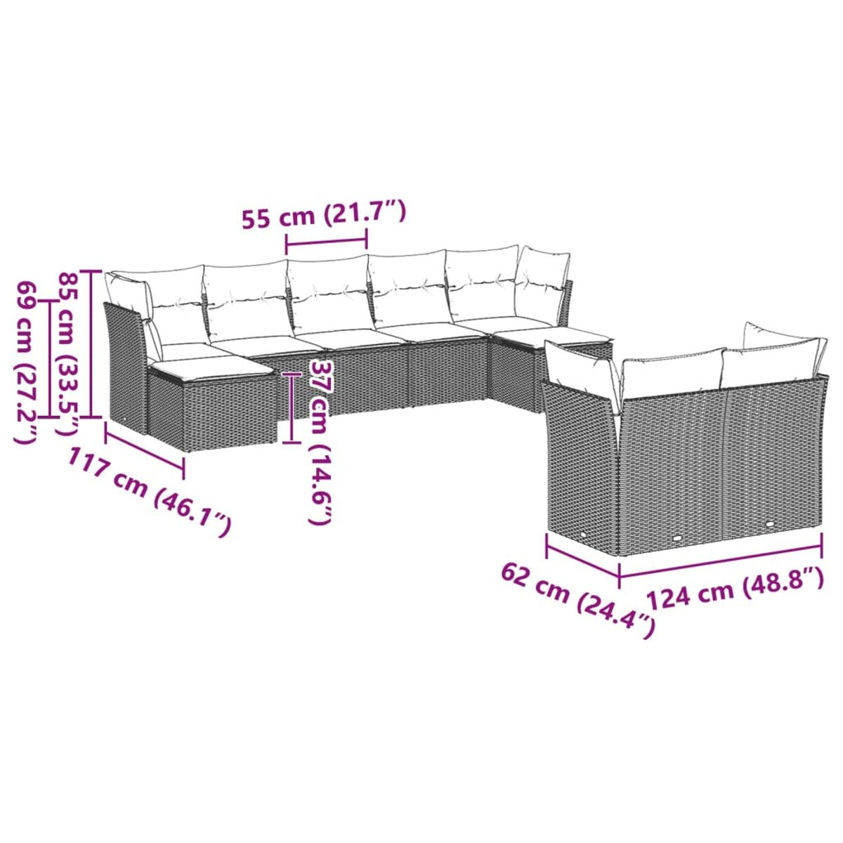 Diagramma di un set di divani in rattan con dimensioni in cm. Il set include più sezioni.