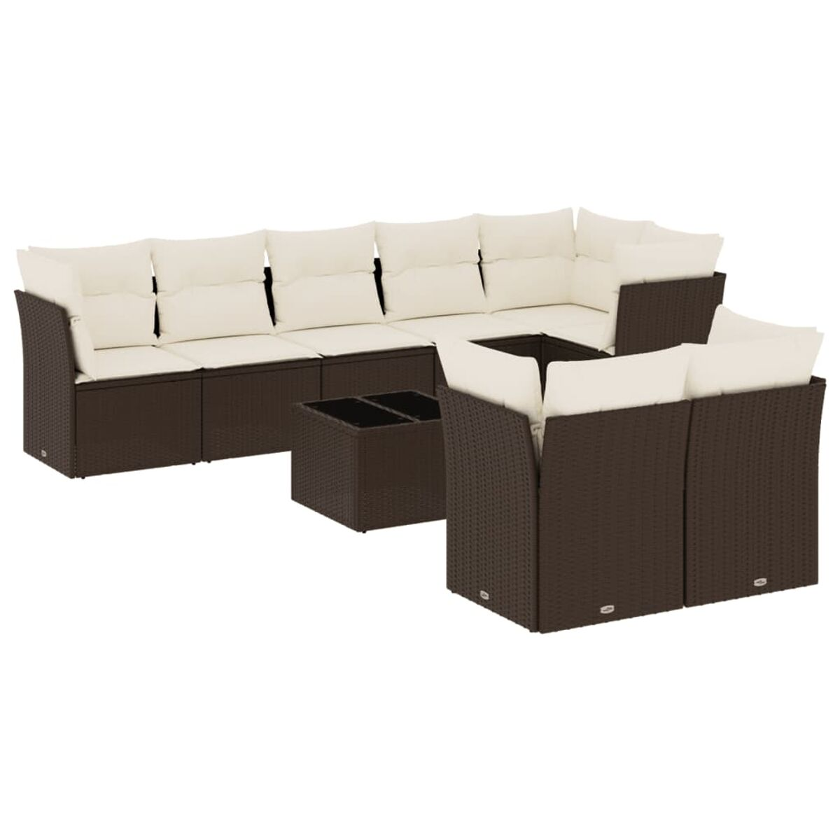 Divano angolare in rattan marrone con cuscini color crema. Include un tavolino.