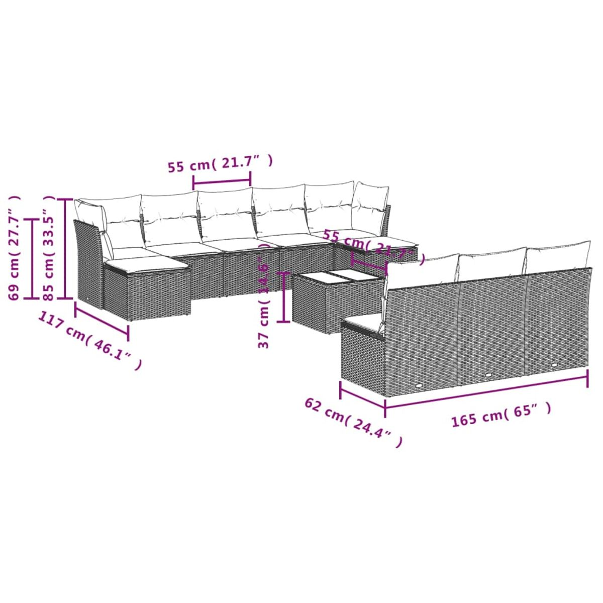 Diagramma che mostra le dimensioni di un divano angolare da esterno su sfondo bianco.