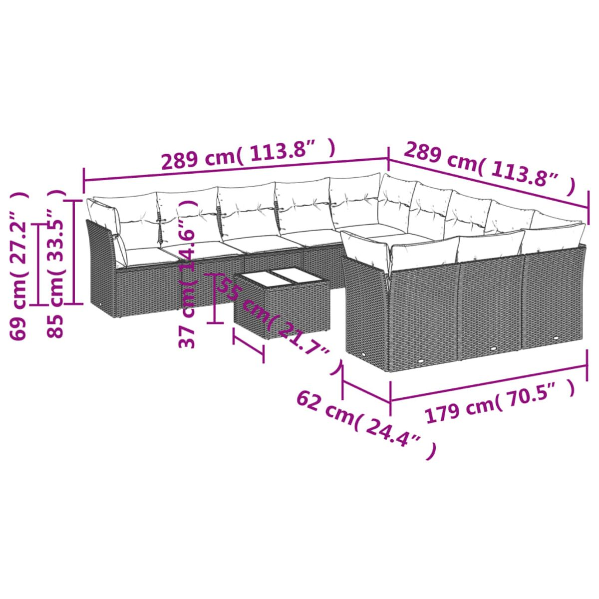 Diagramm mit Abmessungen eines grauen Ecksofas und Tisches, in Zentimetern beschriftet.