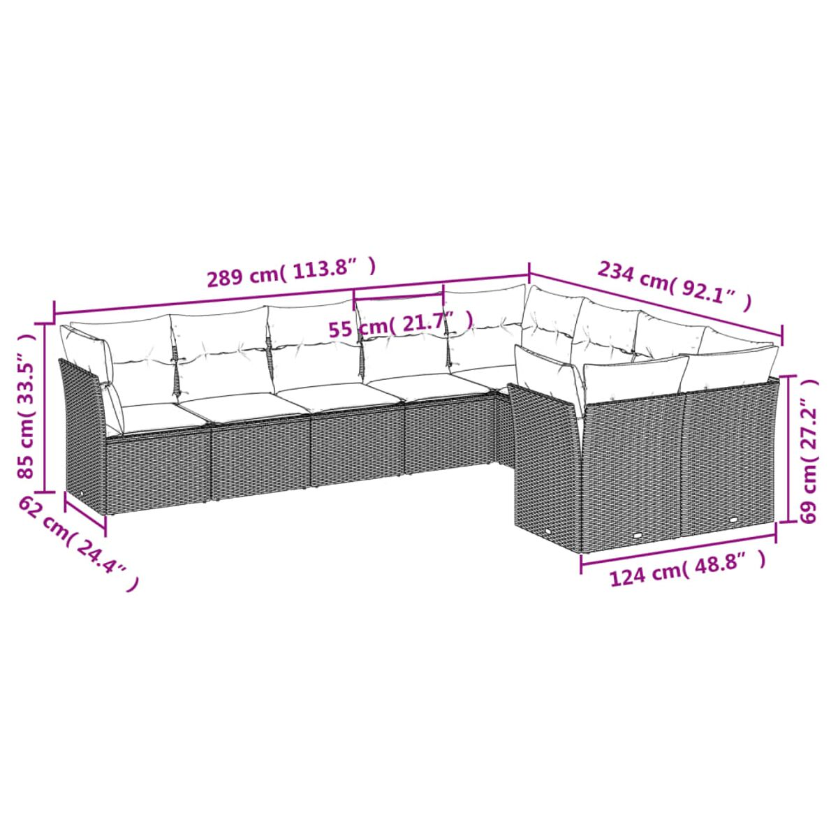 Diagramm eines grauen Korbsitzgruppen-Sets mit Abmessungen in Zentimetern.