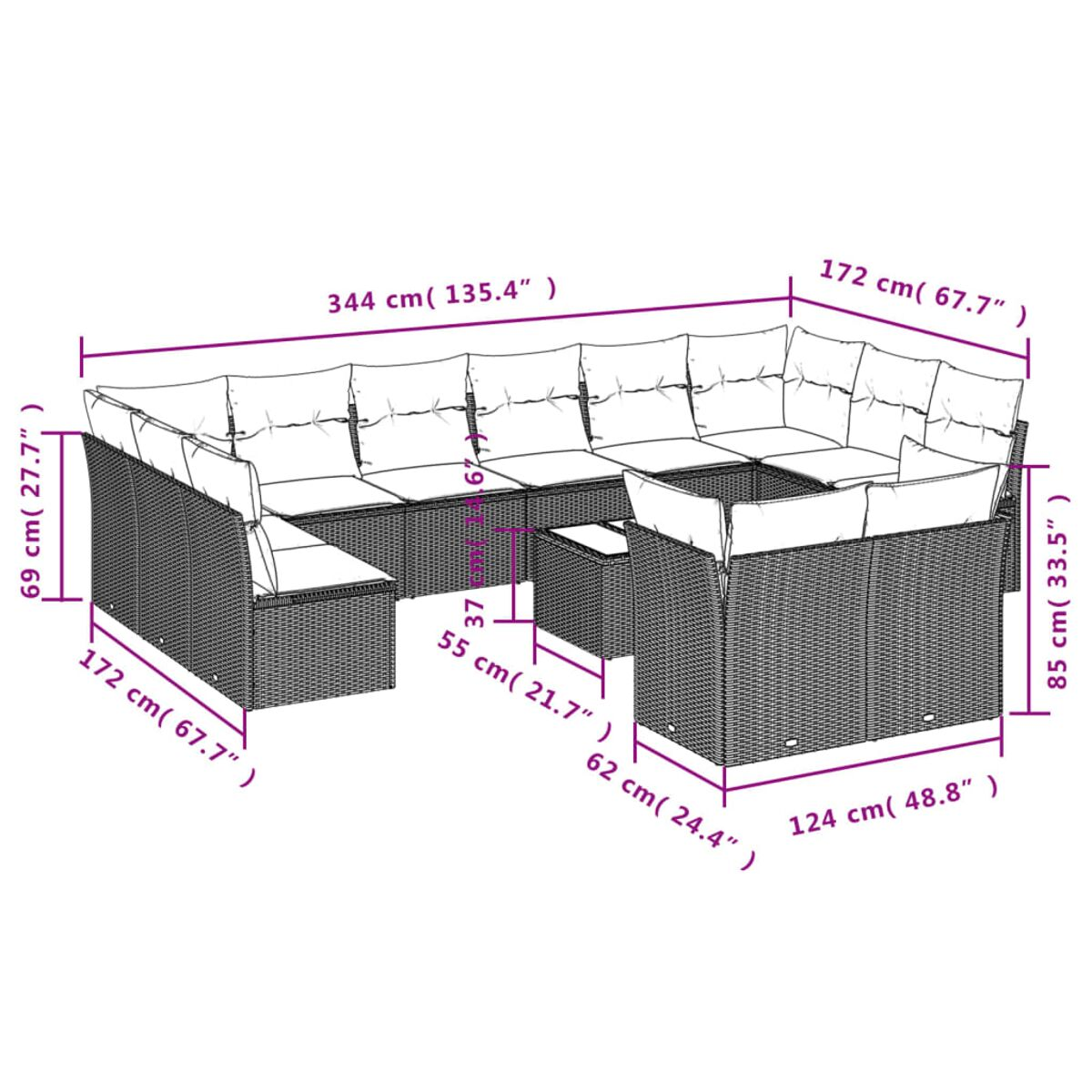 Großes Outdoor-Korbmöbel-Set. Maße sind beschriftet. Enthält Tisch und Stühle.