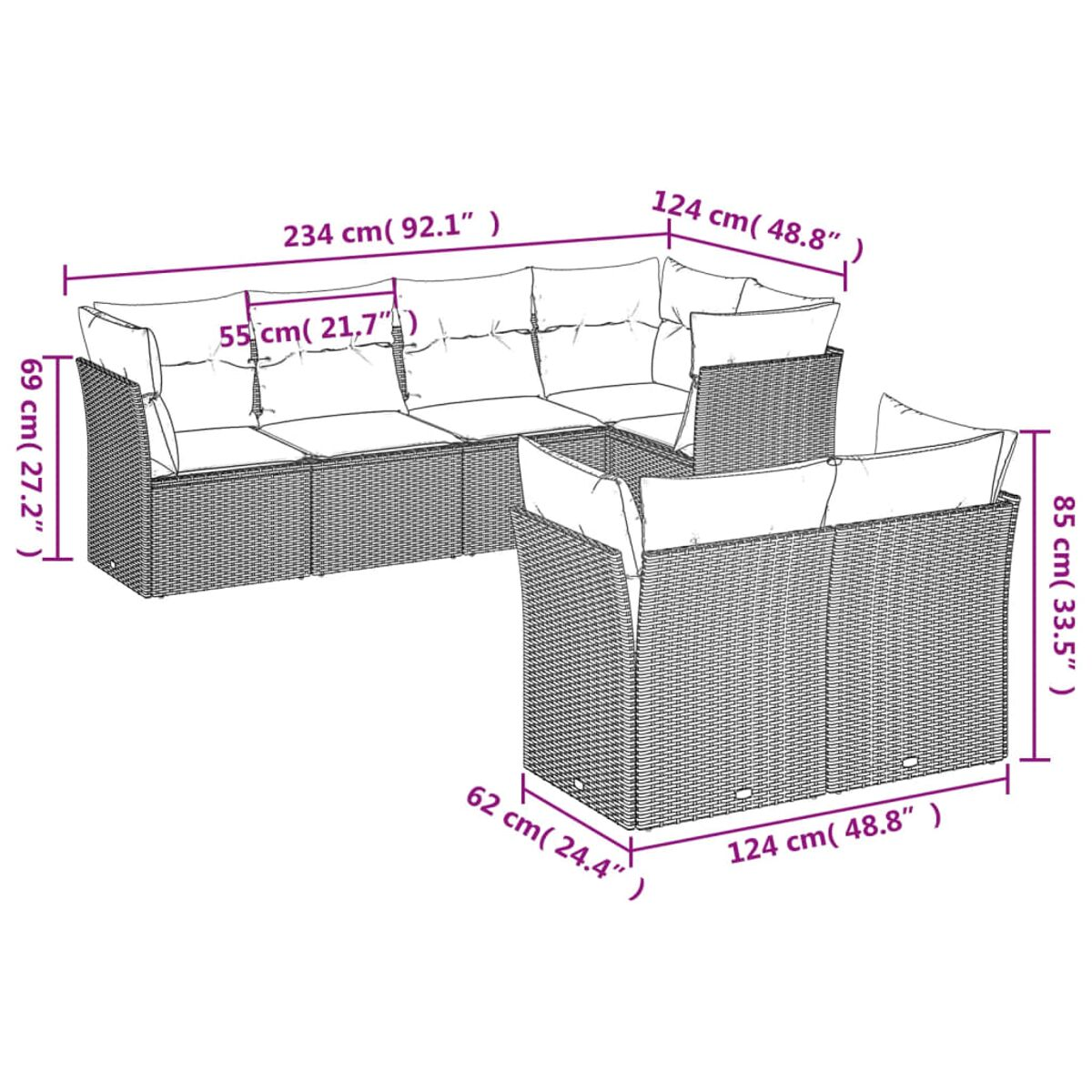Ein Outdoor-Sofagarnitur aus Weide mit Abmessungen. Enthält ein Sofa und zwei Eckstühle.