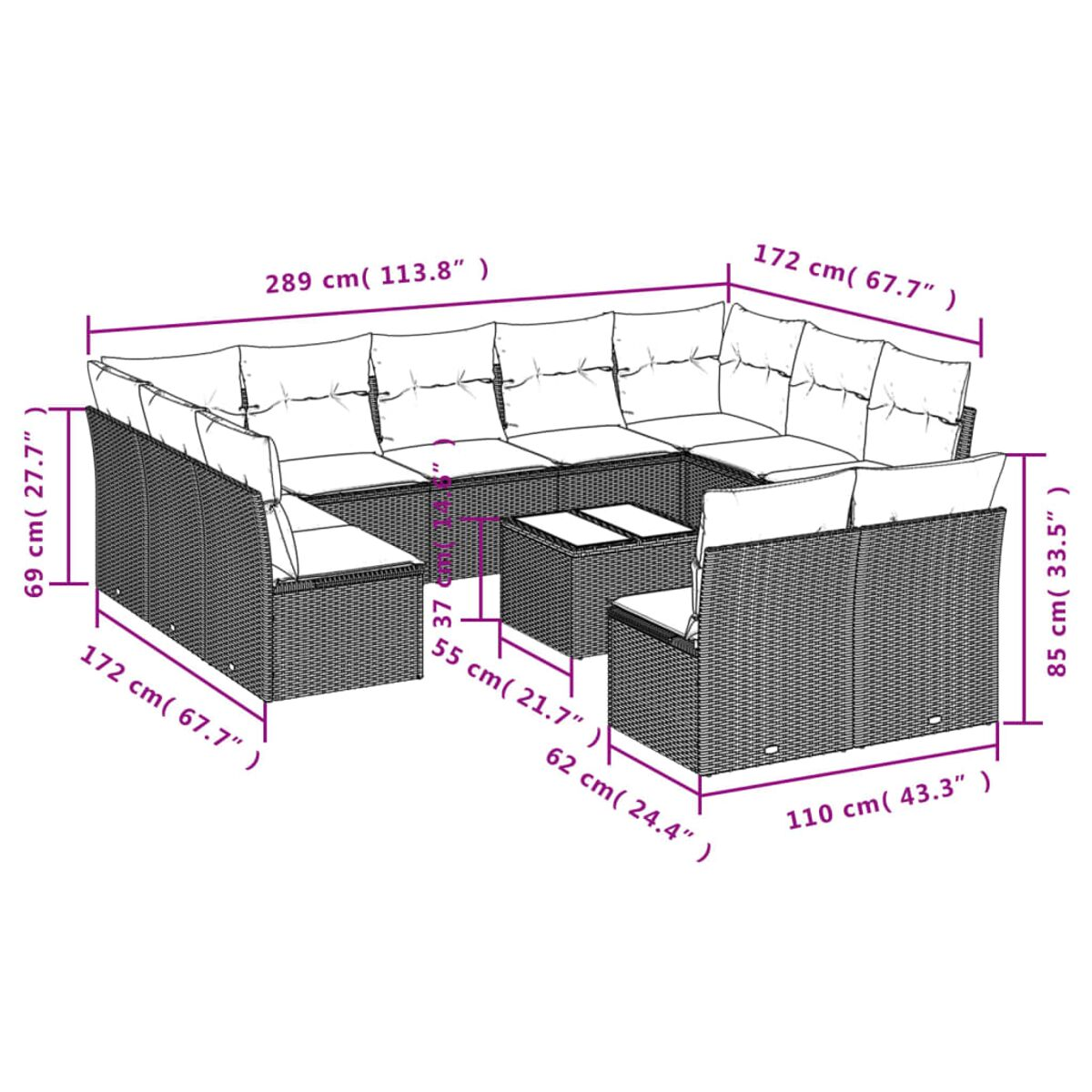 Set divani da esterno in vimini con dimensioni sovrapposte. Include un divano angolare e un tavolo.
