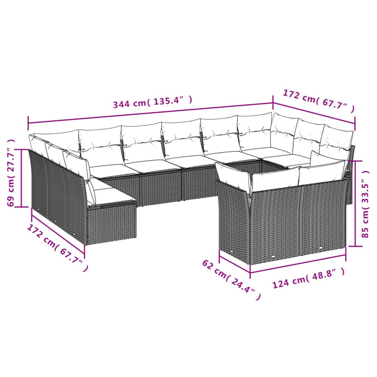 Diagramm eines großen Rattansofa-Sets. Enthält ein Ecksofa, einen Sessel und Maße in weißen Linien.