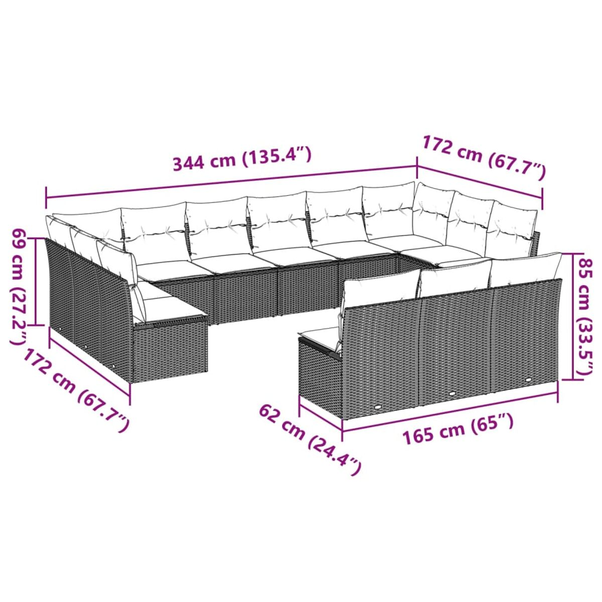 Diagramma di un grande divano angolare in rattan per esterni.