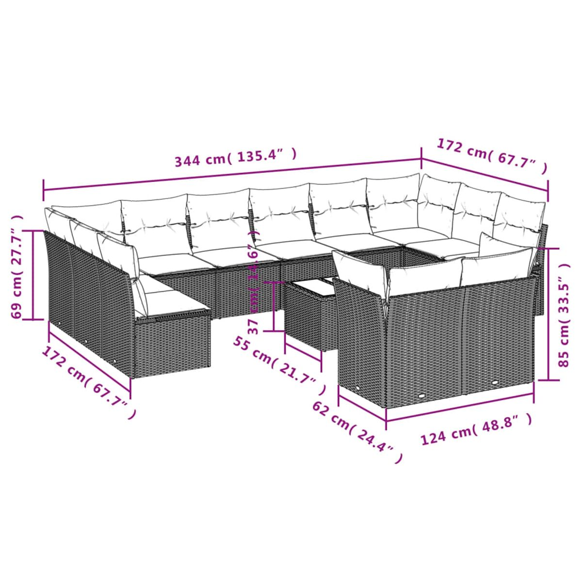 Diagramma di un divano componibile da esterno con dimensioni in cm e pollici. Mostra le misure del divano.