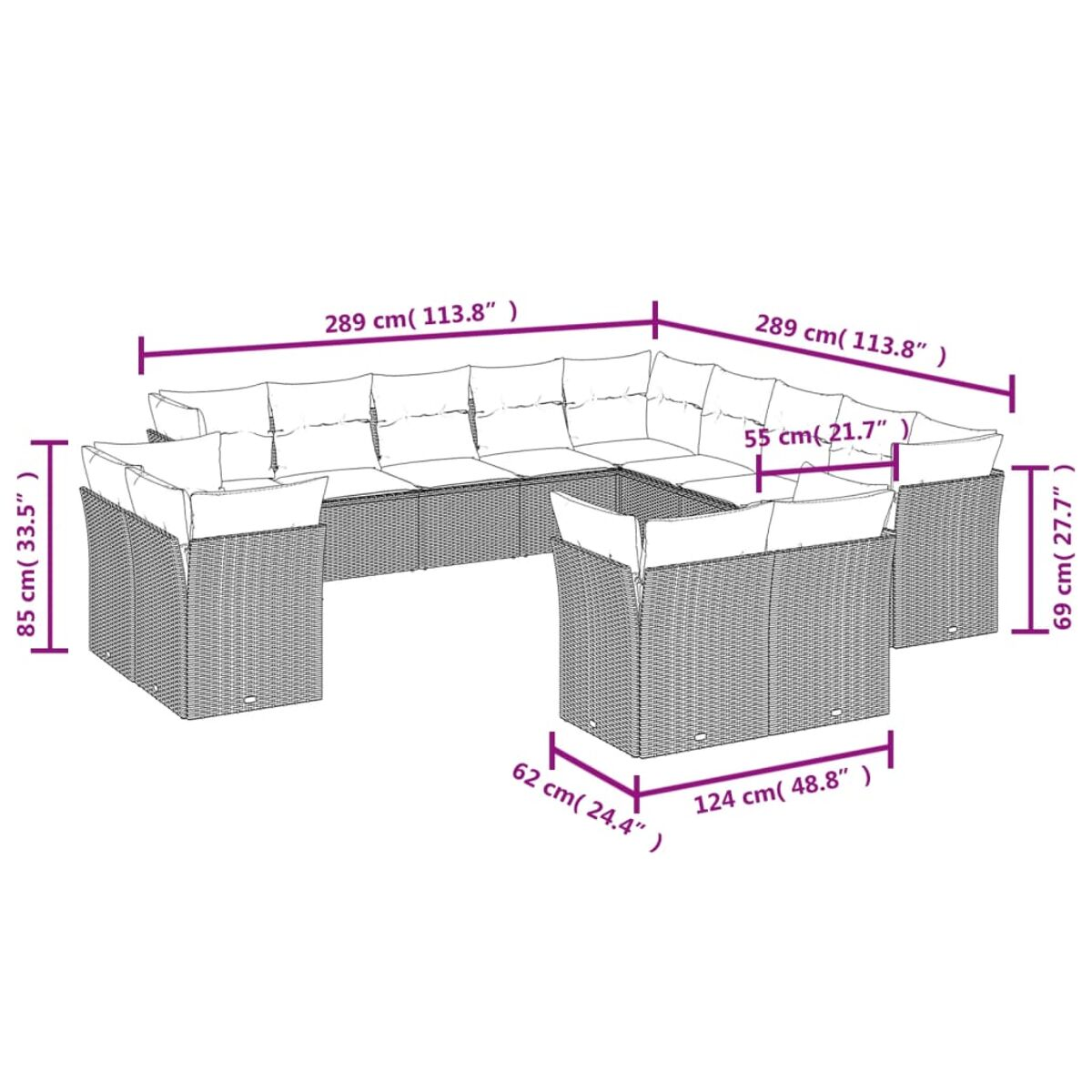 Geflochtenes Outdoor-Ecksofa mit Abmessungen in cm und Zoll beschriftet.