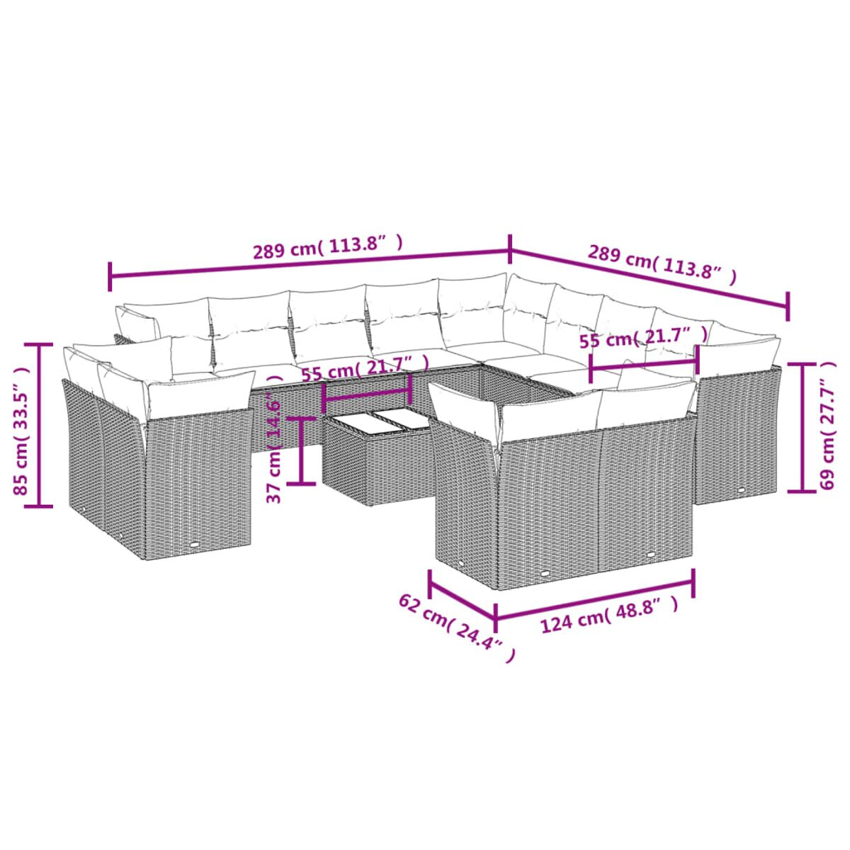 Diagramma di un divano componibile in rattan grigio, pouf e tavolino con etichette delle dimensioni in cm e pollici.