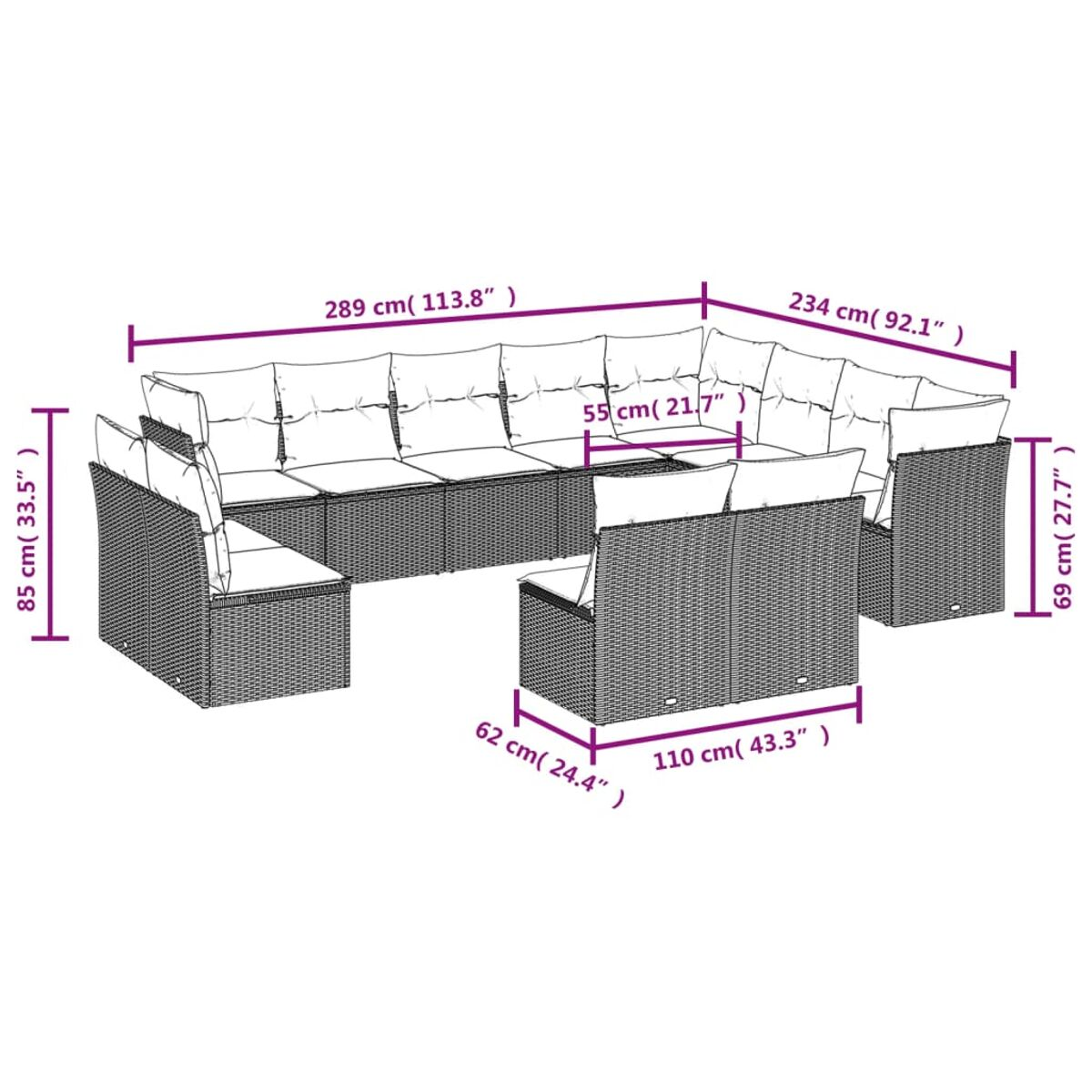 Diagramm der Außenbereich-Eckcouch-Abmessungen: 289 cm lang, 234 cm breit, 85 cm hoch, 55 cm tief.