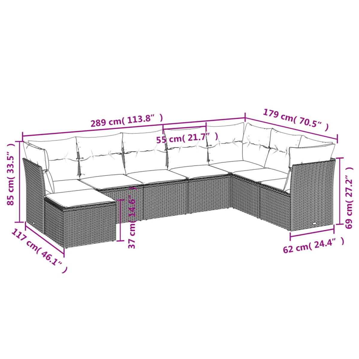L-förmiges braunes Korbmöbelsofa mit beigen Kissen. Abmessungen sind sichtbar.