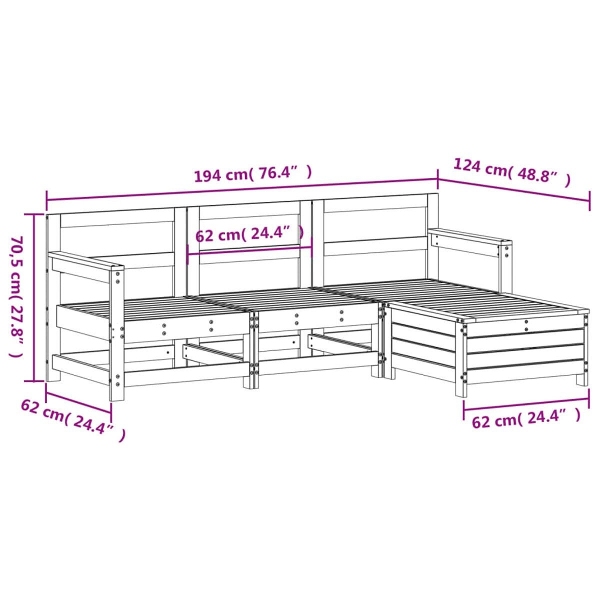 Diagramm eines Holz-Outdoor-Sofasets mit Zentimeter-Maßen, das Sofa und Fußstütze zeigt.