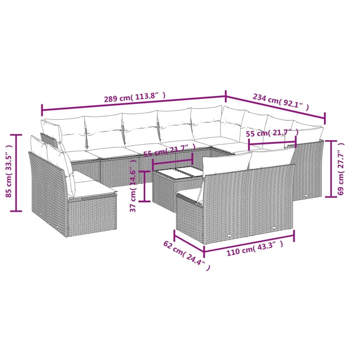 Un set di divano componibile e tavolo in vimini con dimensioni segnate su sfondo bianco.