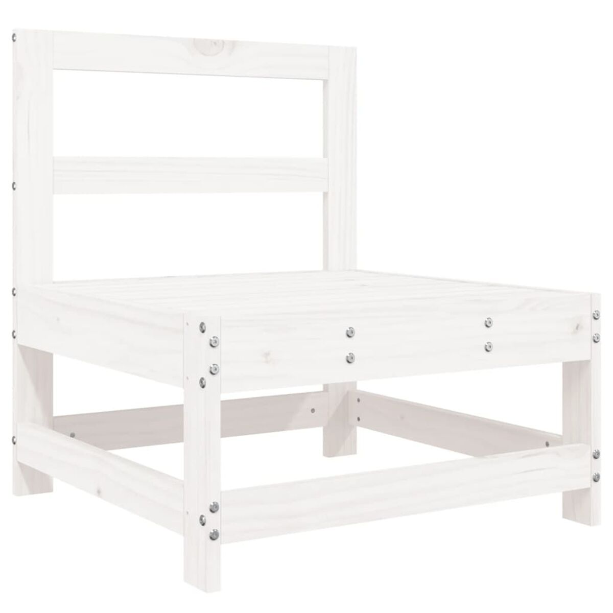 Weißer Holzstuhl mit Rückenlehne und Sitz. Der Stuhl ist aus Holz und hat Bolzen.