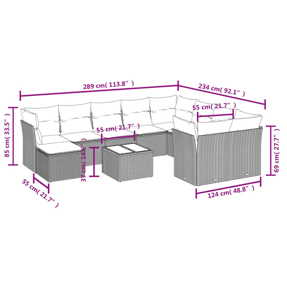 Un diagramma di un divano componibile in vimini e di un tavolo quadrato con dimensioni etichettate in cm e pollici.