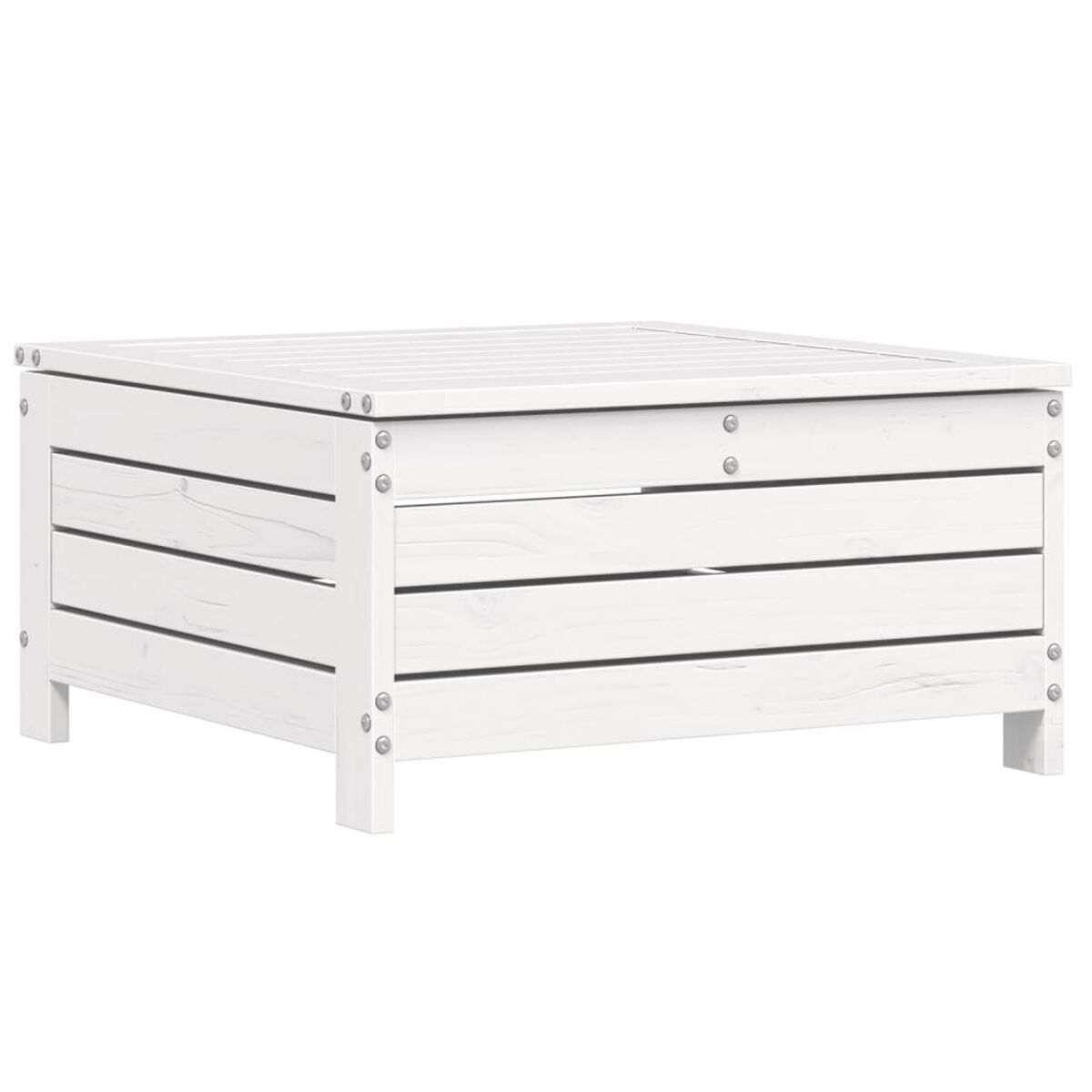 Weißer quadratischer Holztisch. Der Tisch hat horizontale Lamellen.