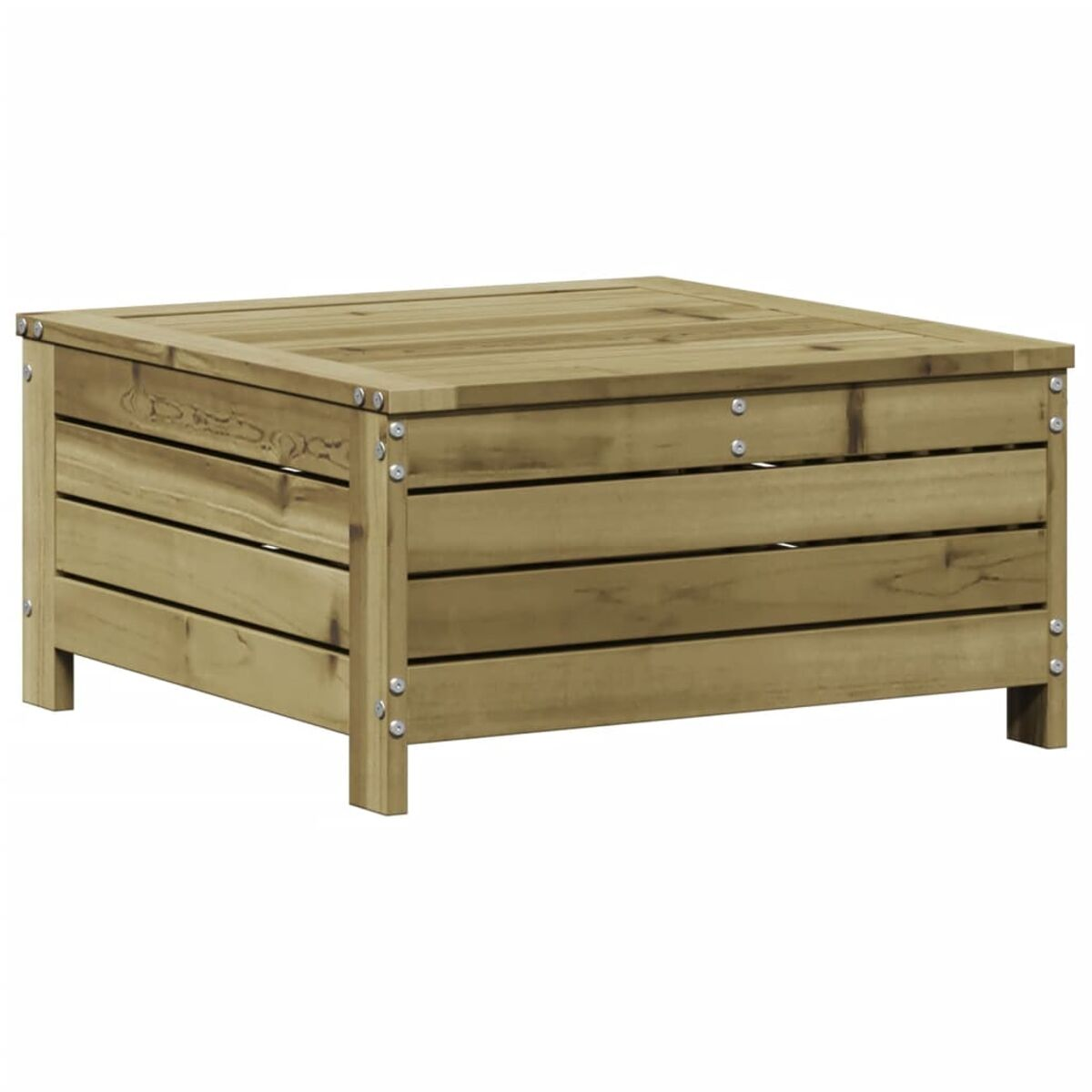 Quadratischer Couchtisch aus Holz mit horizontalen Brettern.