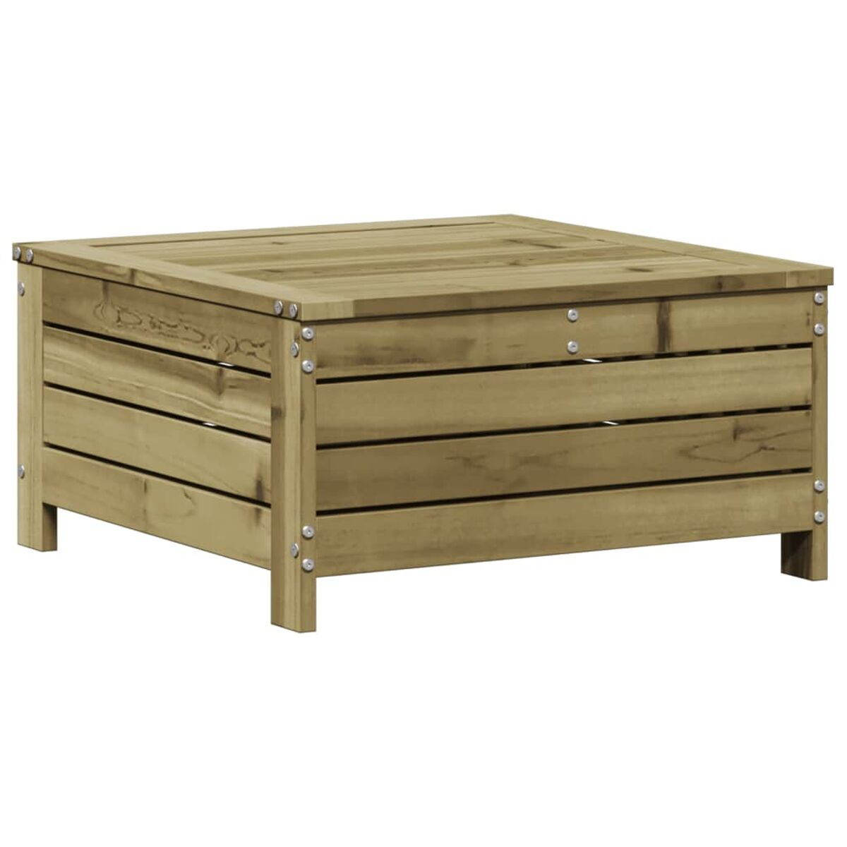 Quadratischer Holztisch mit horizontalen Lamellen. Braunes Holz.