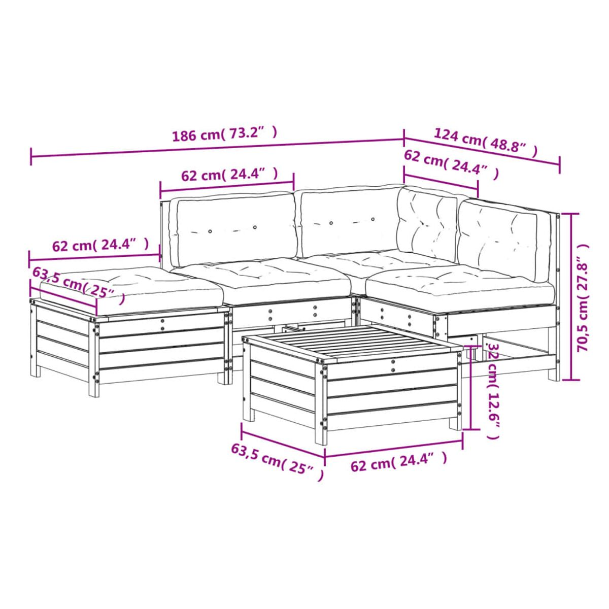 Diagramm eines Ecksofas und Tisches mit Maßen in Zentimetern und Zoll.
