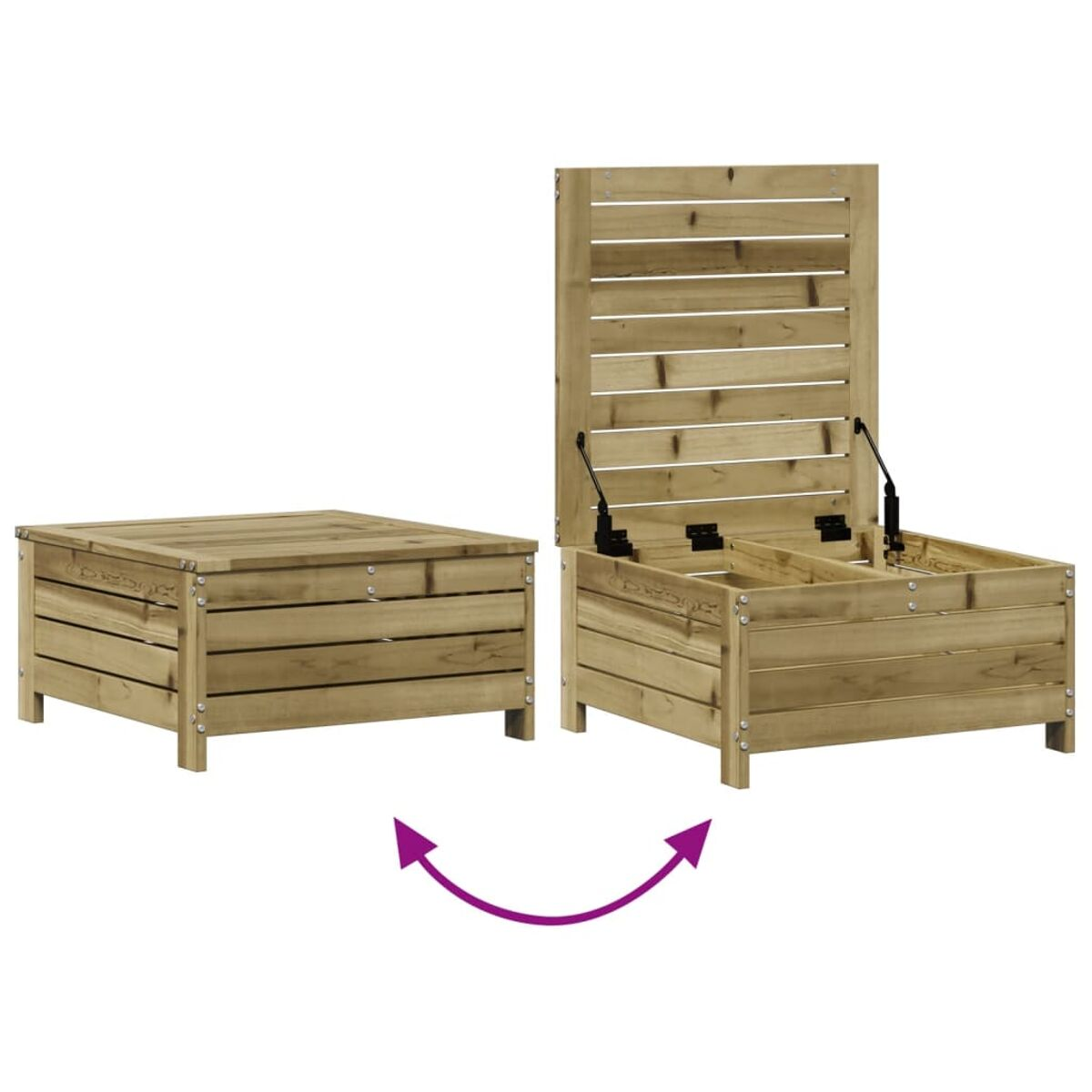 Ein Holztisch, der sich öffnen lässt, um Stauraum freizugeben, mit Pfeil.