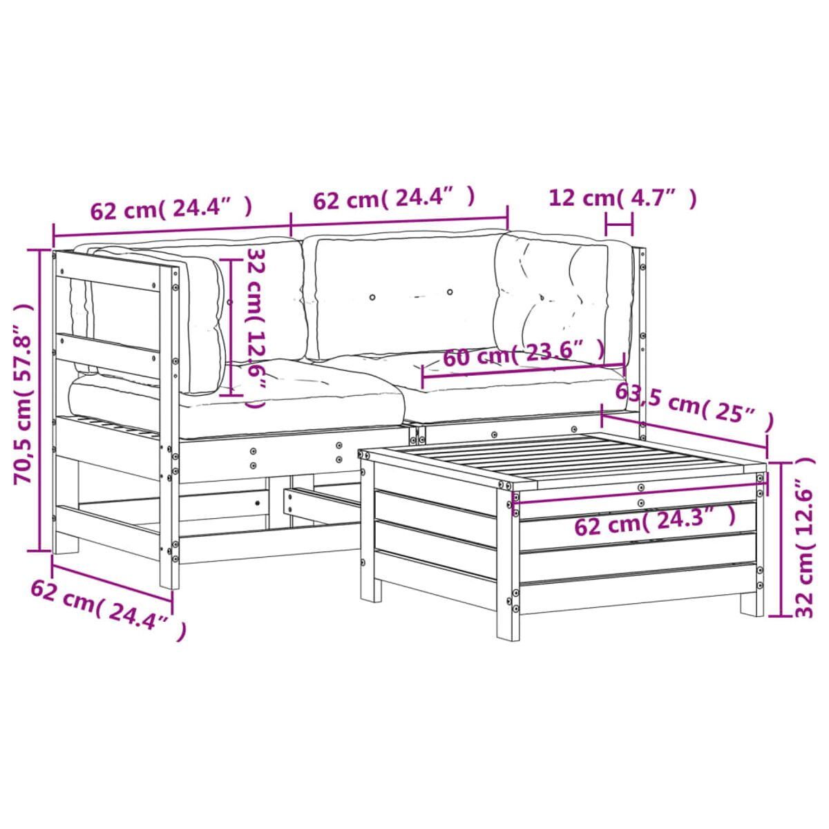 Ein kleines Outdoor-Sitzset. Ein Sofa und ein quadratischer Tisch. Beschriftete Maße sind vorhanden.