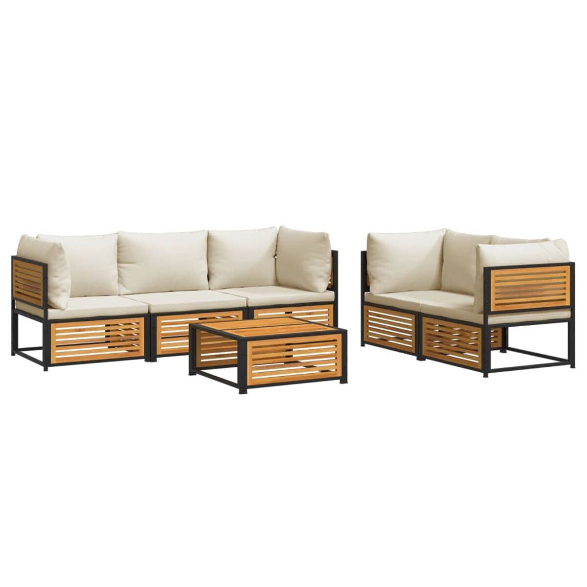 Gartensofa-Set mit Holzakzenten, schwarzen Rahmen und Tisch. Weißer Hintergrund.