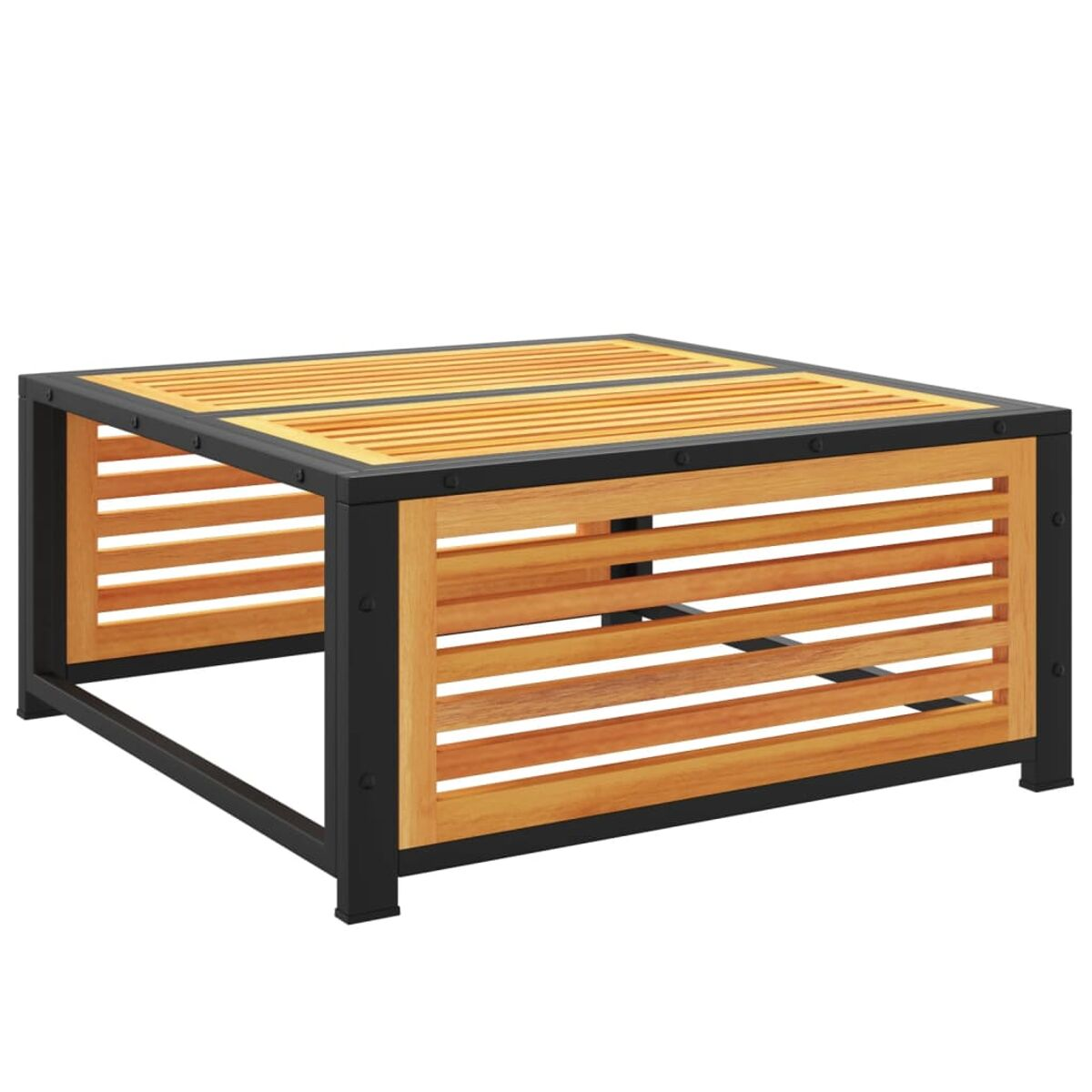 Quadratischer Holztisch mit schwarzem Metallrahmen, Holzlatten oben und an den Seiten.