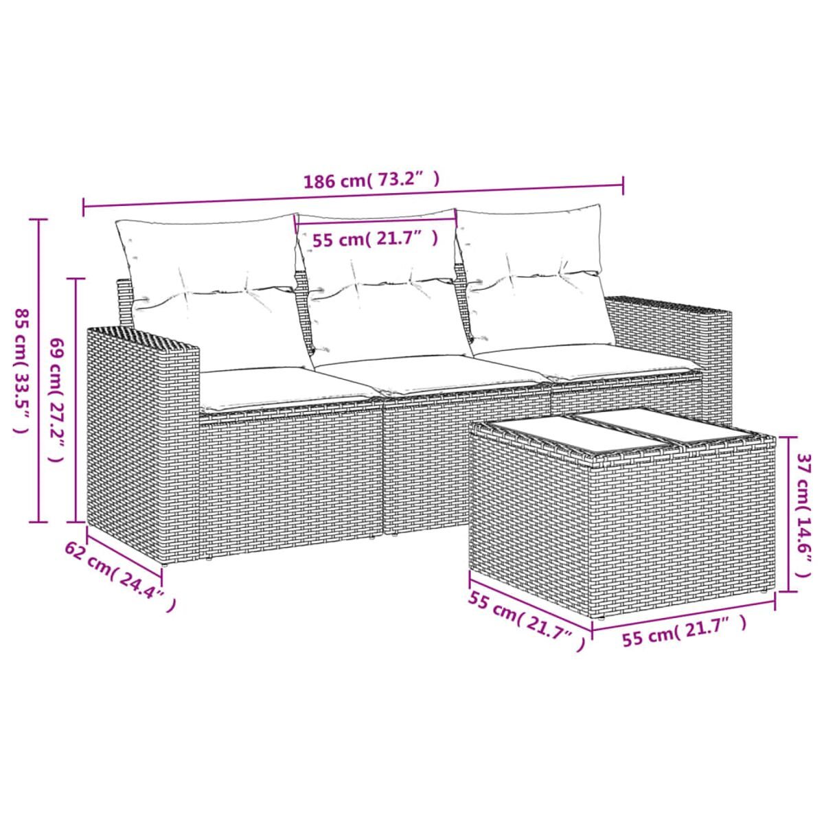 Geflochtenes Sofa mit Kissen und Tisch. Abmessungen sind angegeben.