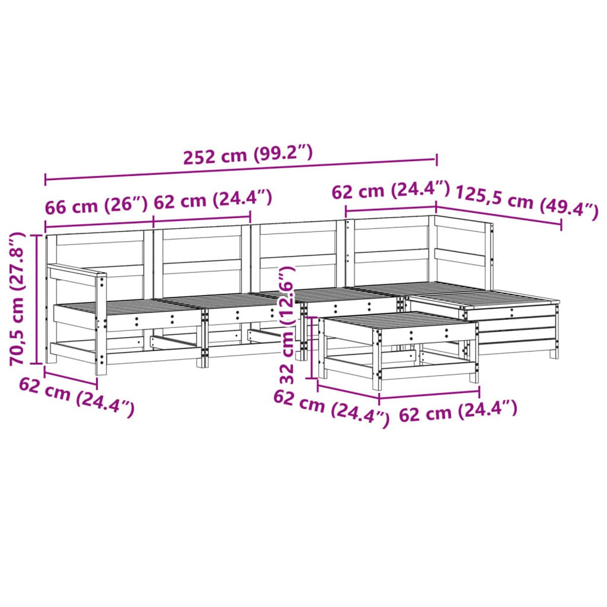 Diagramm eines Ecksofas und eines Couchtisches mit Maßen in Zentimetern und Zoll.