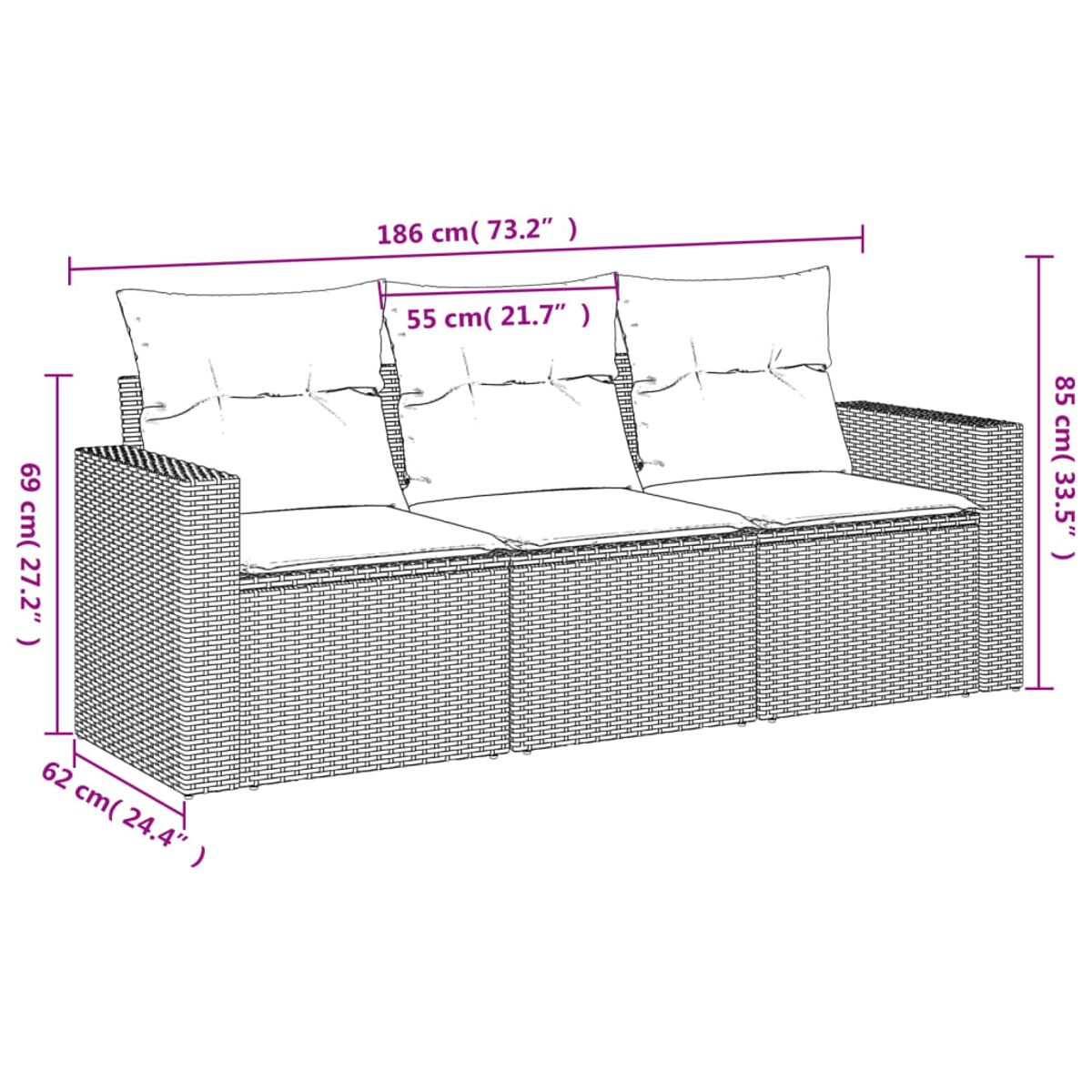 Diagramm eines Korbmöbels mit Abmessungen in Zentimetern und Zoll, auf weißem Hintergrund.