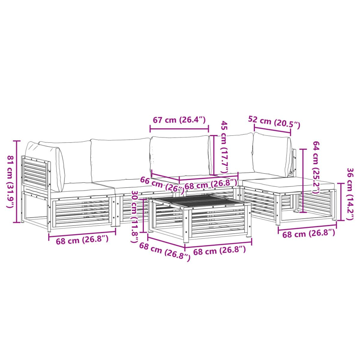 Diagramm mit Abmessungen eines Outdoor-Ecksofas und eines Couchtischs in Zentimetern und Zoll.