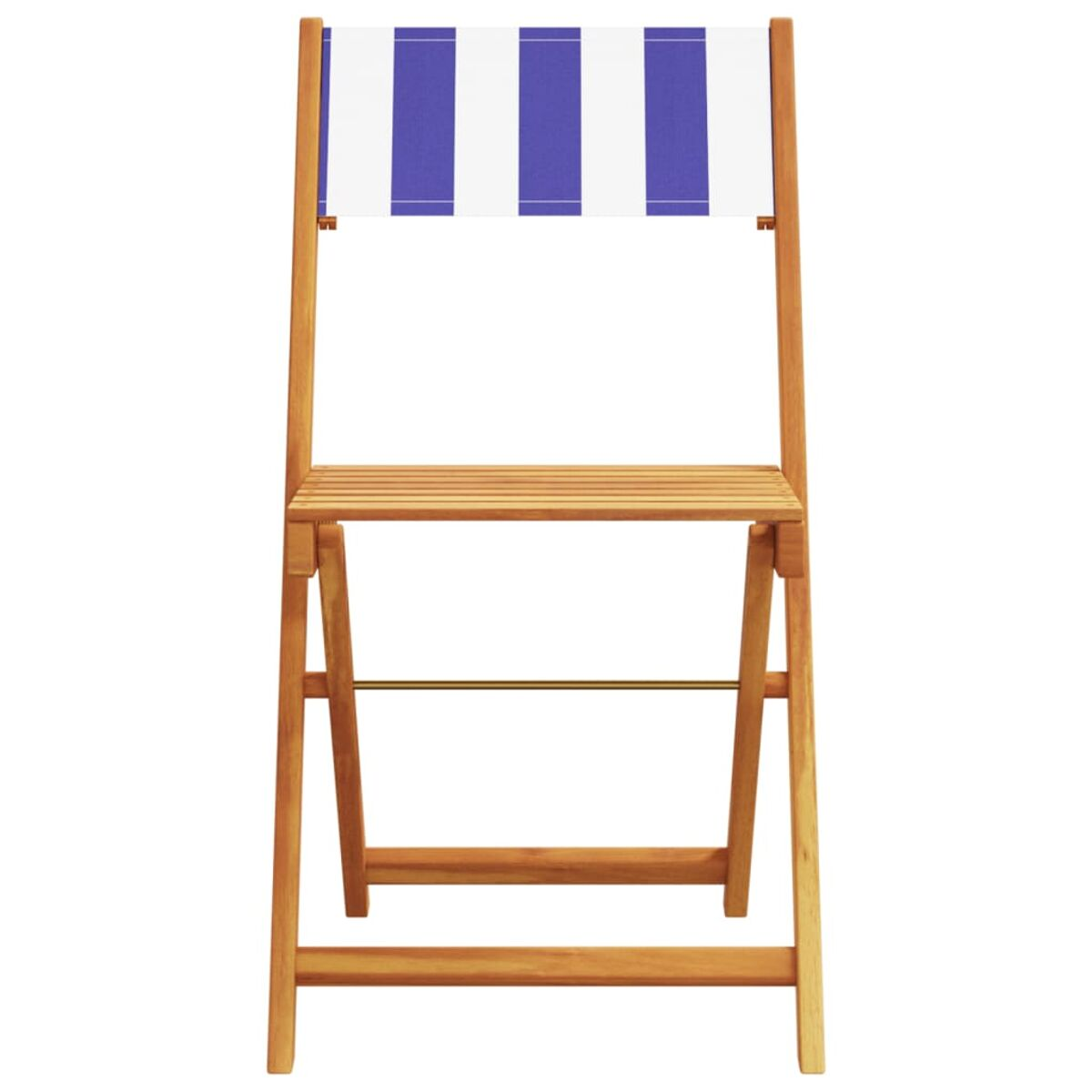 Klappstuhl aus Holz mit blau-weiß gestreiftem Stoffrücken, Vorderansicht, auf weißem Hintergrund.
