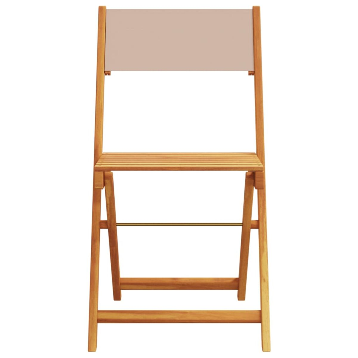 Klappstuhl aus Holz mit beigefarbener Rückenlehne. Vorderansicht.