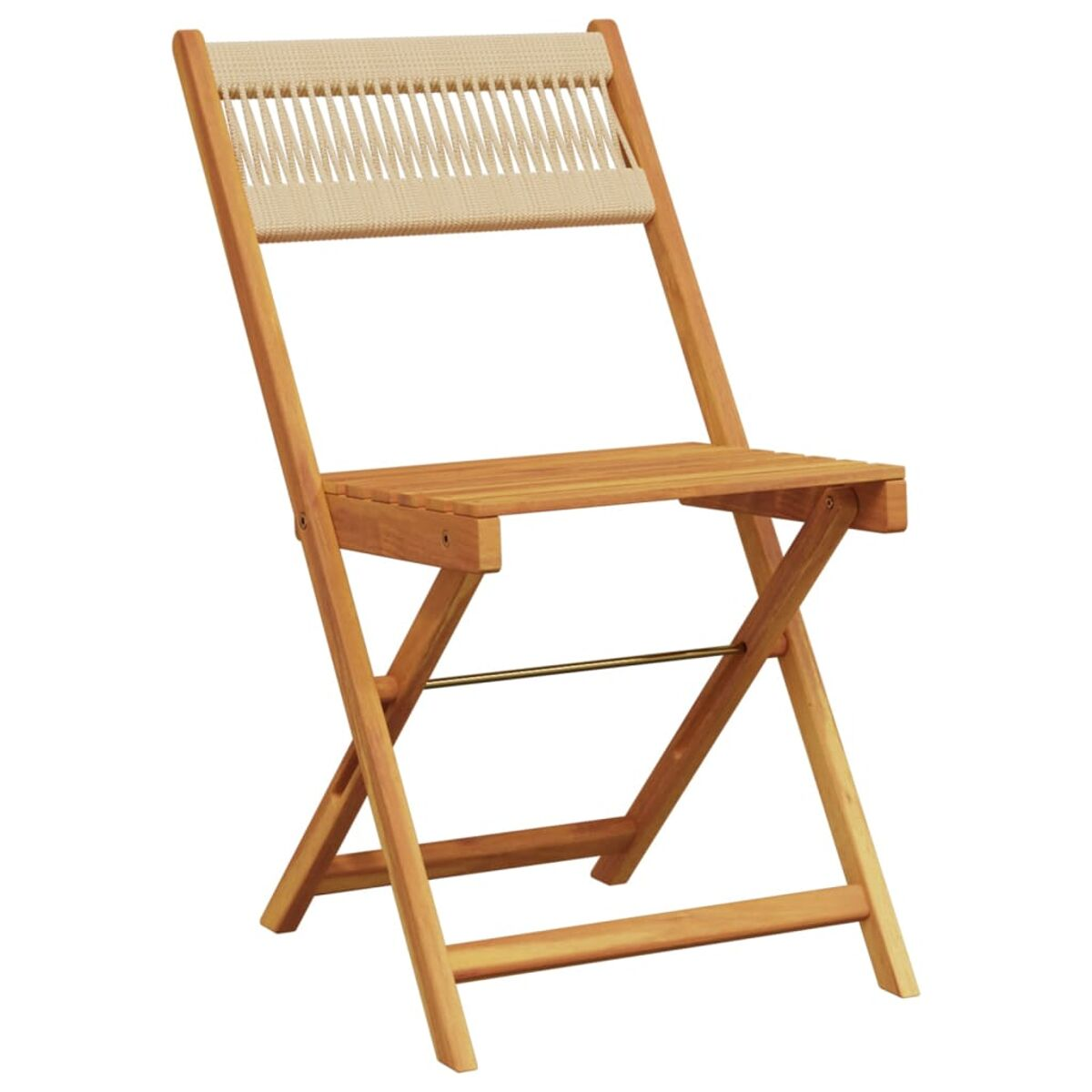 Klappstuhl aus Holz mit gewebter Rückenlehne. Der Stuhl ist hellbraun.