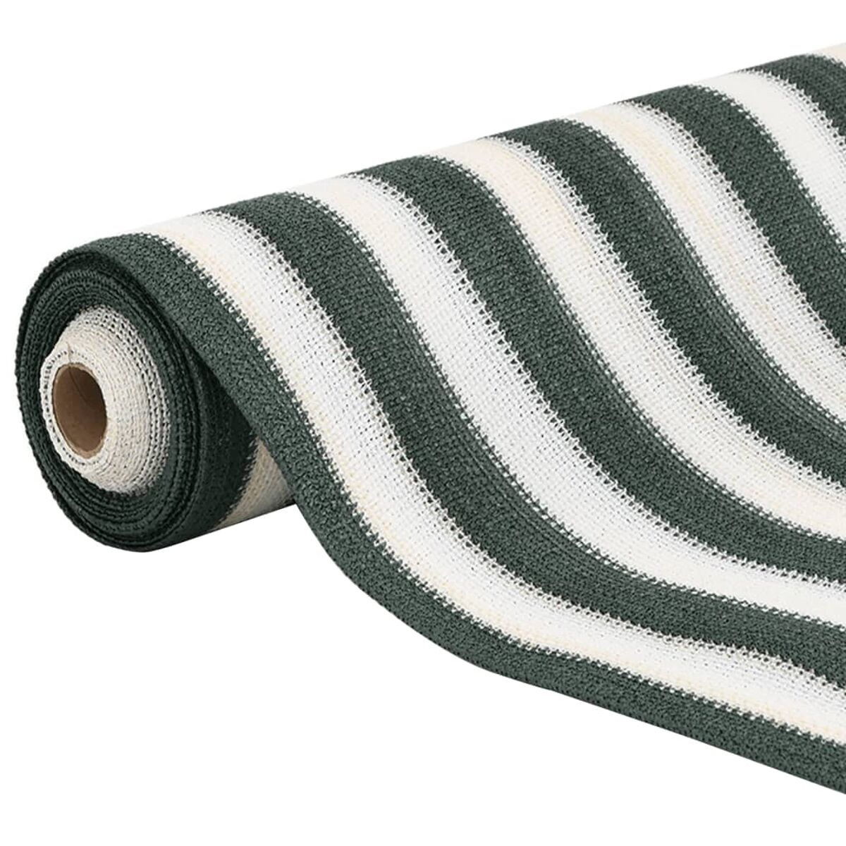 Eine Rolle grün-weiß gestreiften Stoffes. Die Streifen sind horizontal.