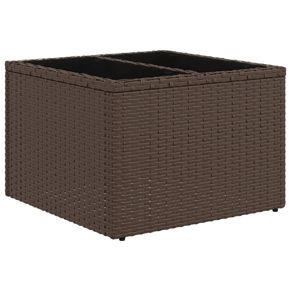 Contenitore a forma di cubo in vimini marrone scuro.