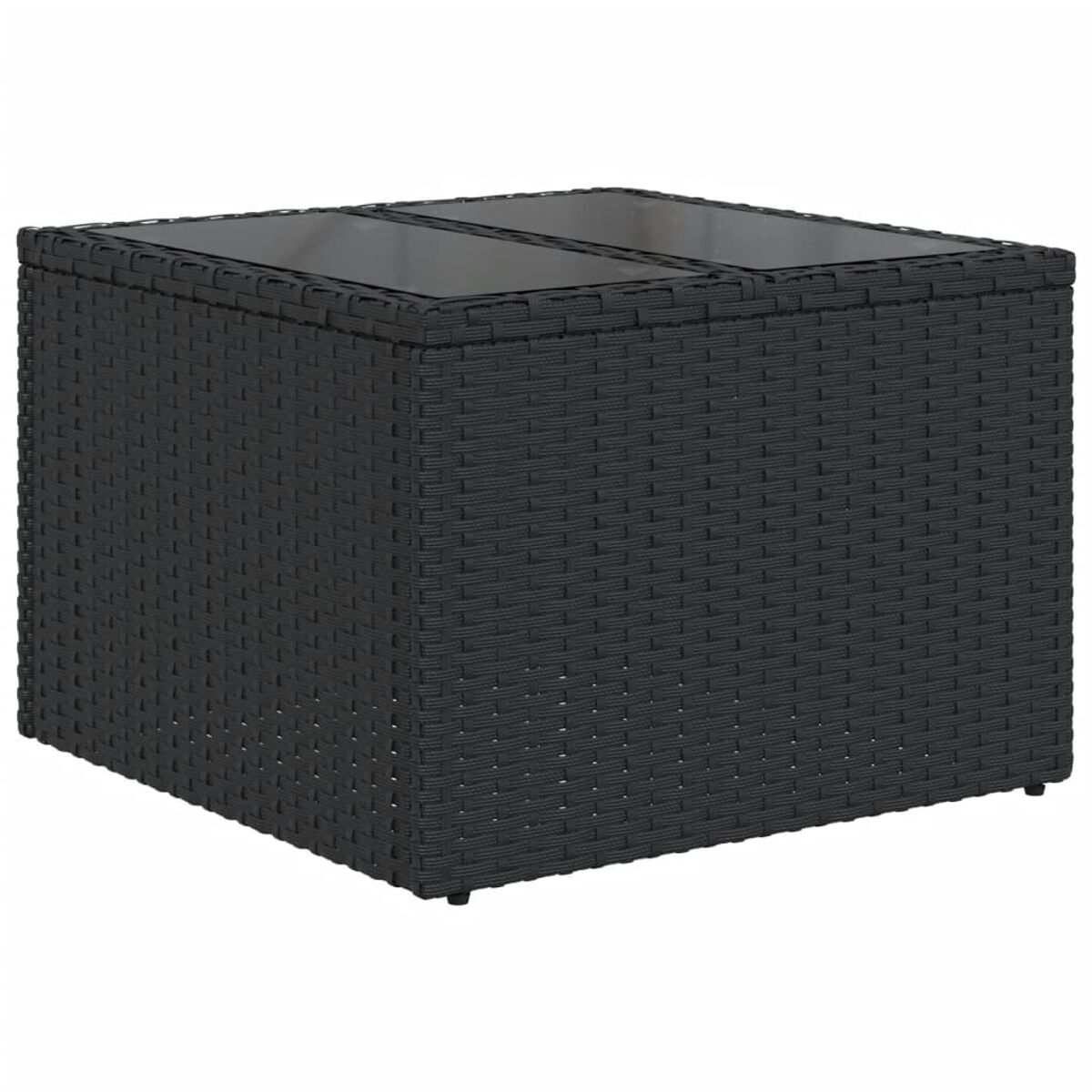 Tavolo quadrato in rattan nero con piano in vetro.
