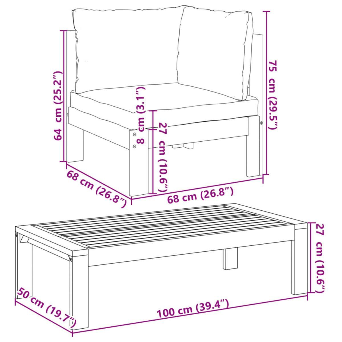 Una sedia e un tavolo, entrambi in legno, con dimensioni in centimetri.