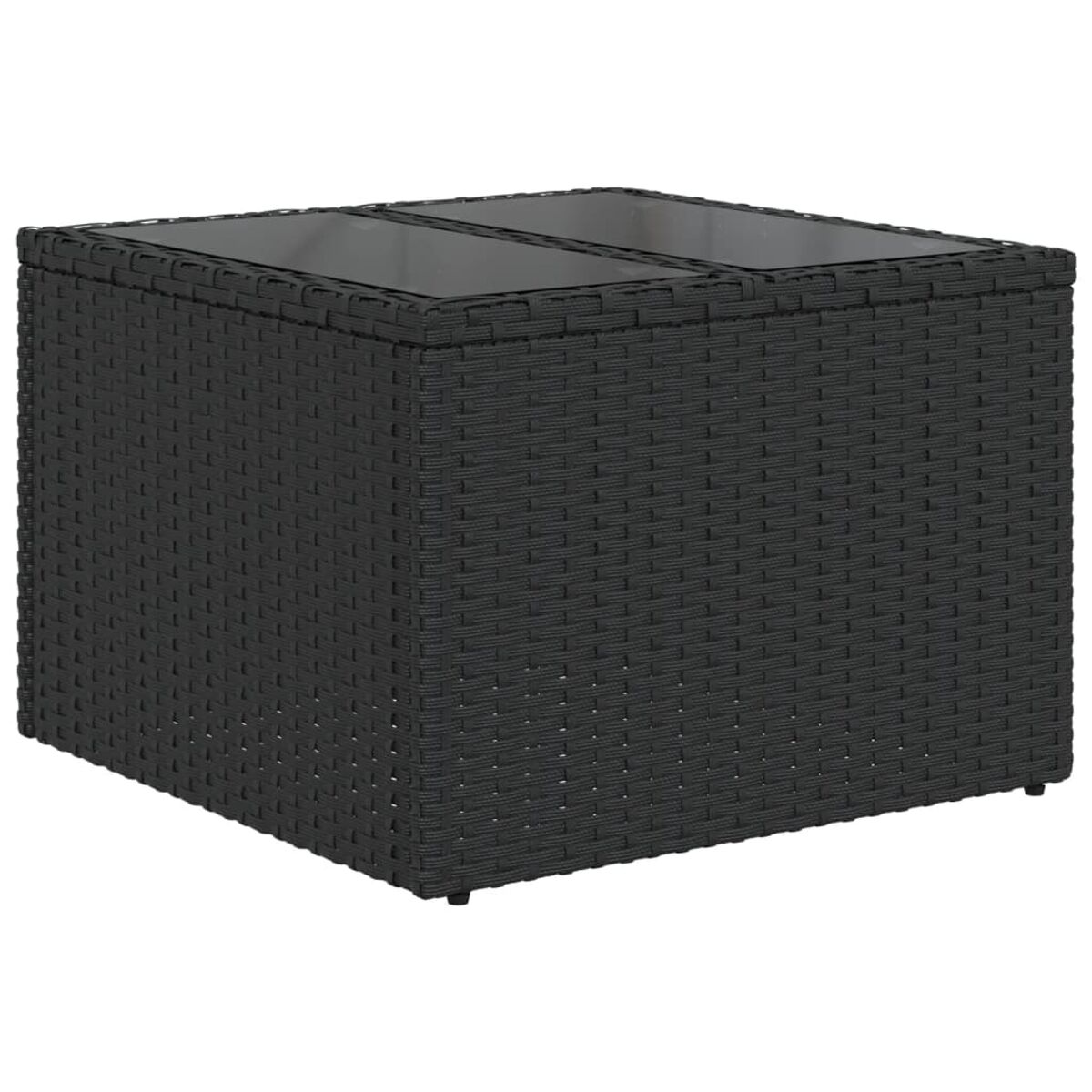 Schwarzer quadratischer Couchtisch aus Rattan mit Glasplatte. Dunkle Farbe und Webmuster.